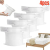 Four white heavy duty bed corner sheet grippers are shown with a hand demonstrating their use.