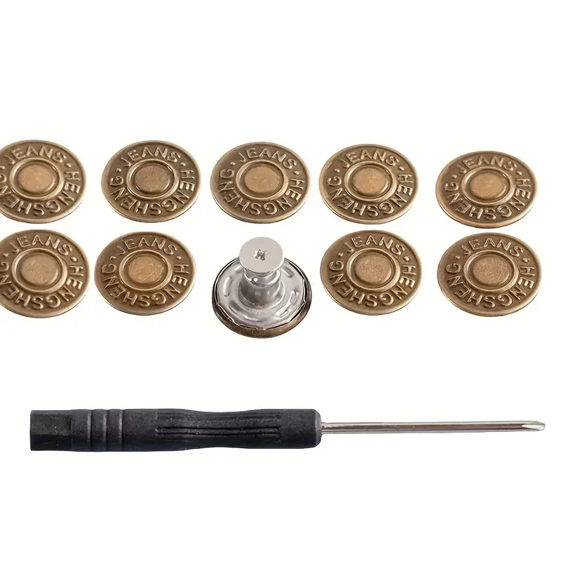 A set of adjustable no-sew metal denim buttons and a corresponding tool for use.