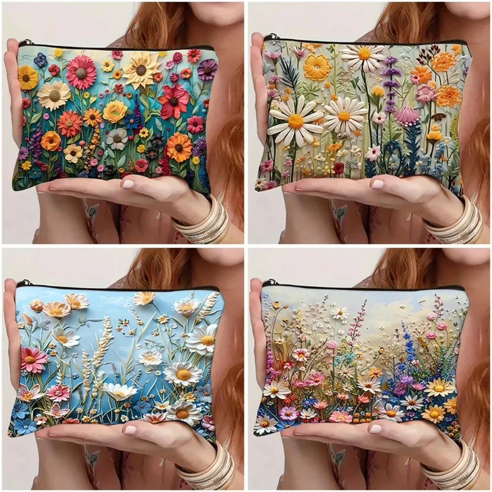 A close-up of a floral canvas cosmetic bag with a zipper closure featuring colorful flowers and greenery.