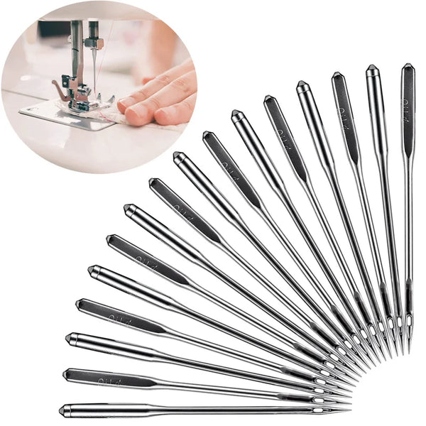 A collection of sharp metal sewing machine needles arranged in a fan shape.