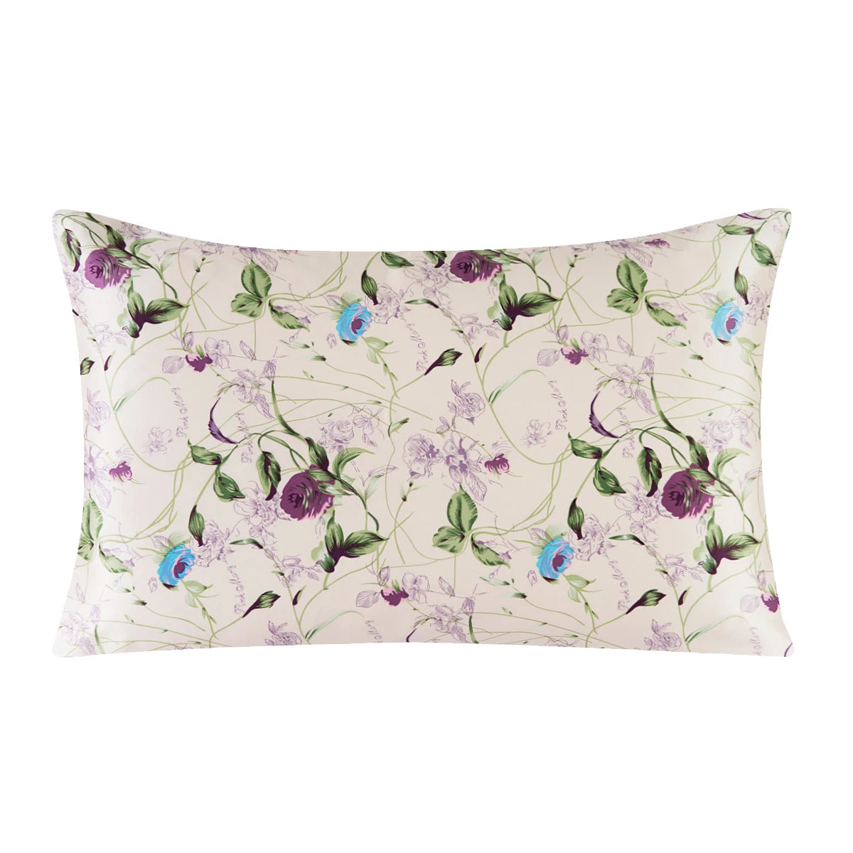 A square silk pillowcase with a pale background featuring a floral print of purple and green leaves and small blue flowers.