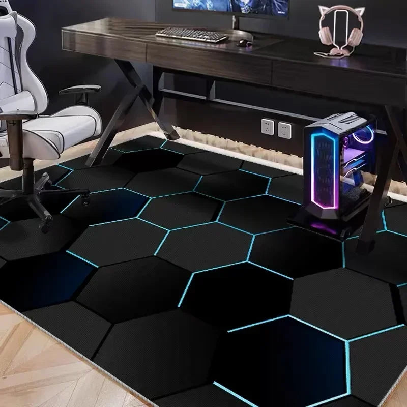 A black hexagon gaming area rug with glowing blue neon accents placed on a dark wooden desk.