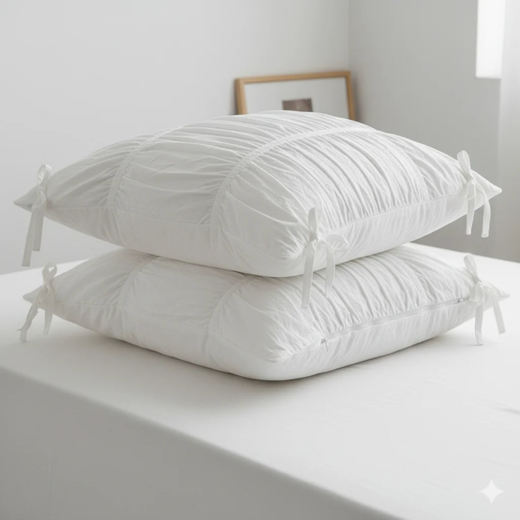 A stack of pure white Princess Ruffle Cotton bedding pillows on a white surface.