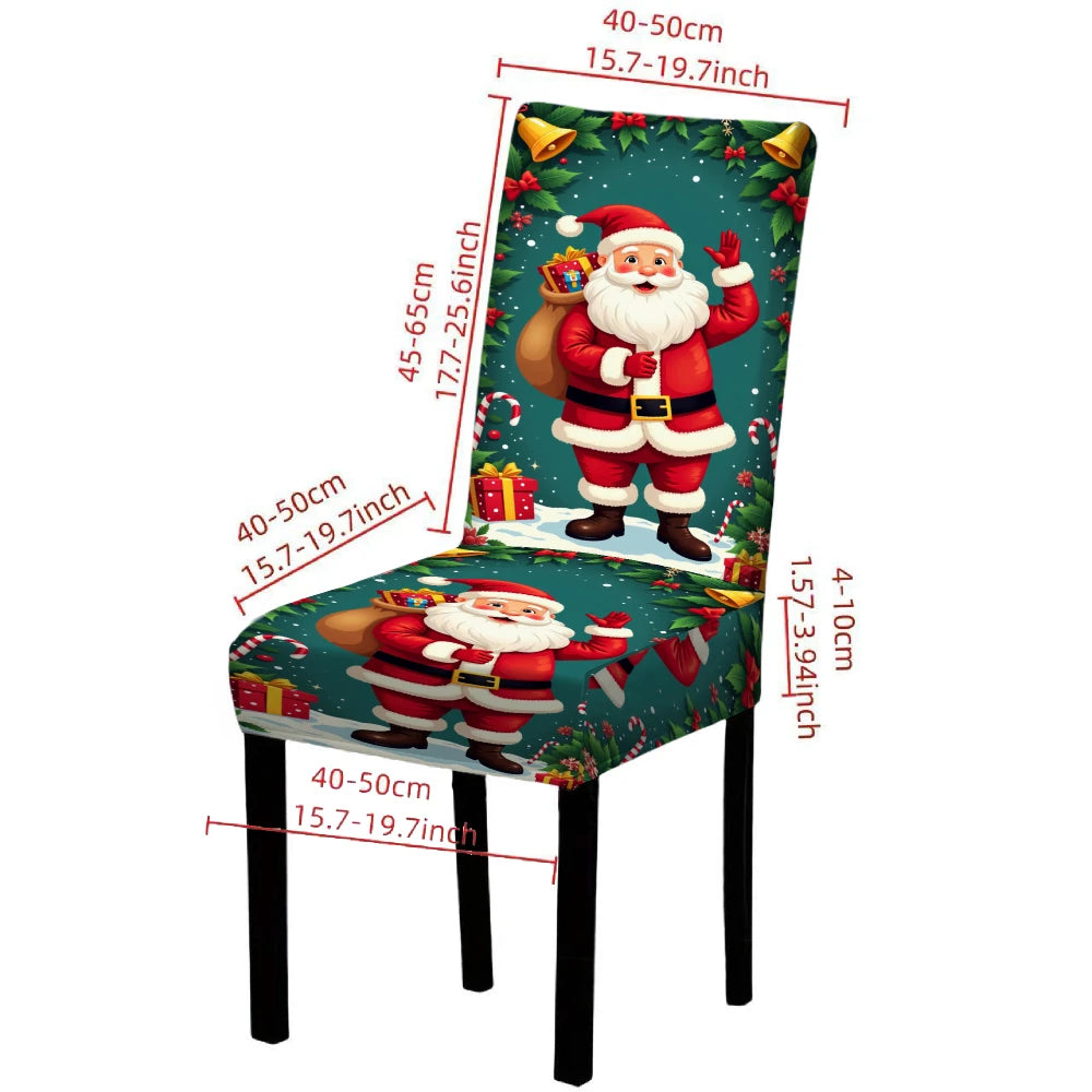 A festive stretch chair cover featuring a Santa Claus pattern with red and green colors.