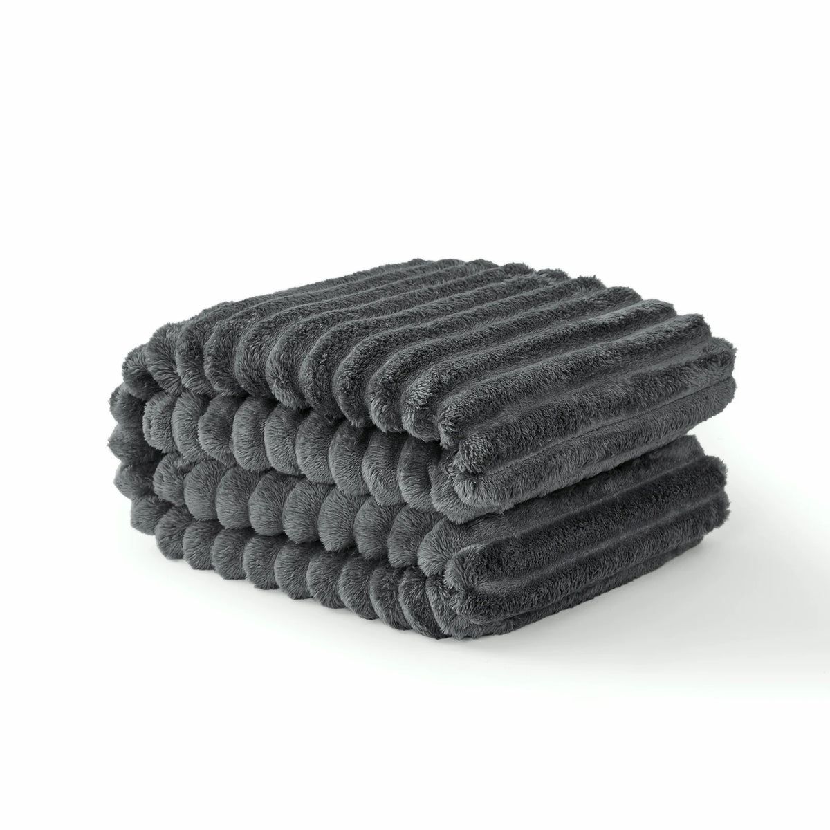 A stack of dark gray striped flannel throw blankets piled neatly on a white surface.