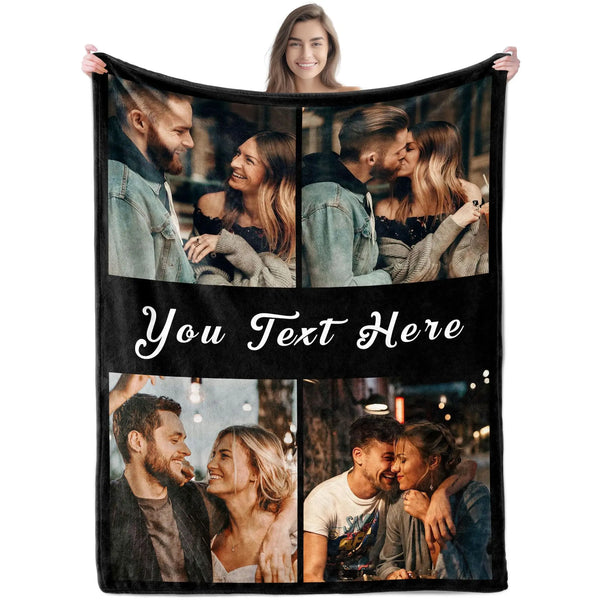 A custom photo printed fleece blanket featuring multiple images of happy couples.
