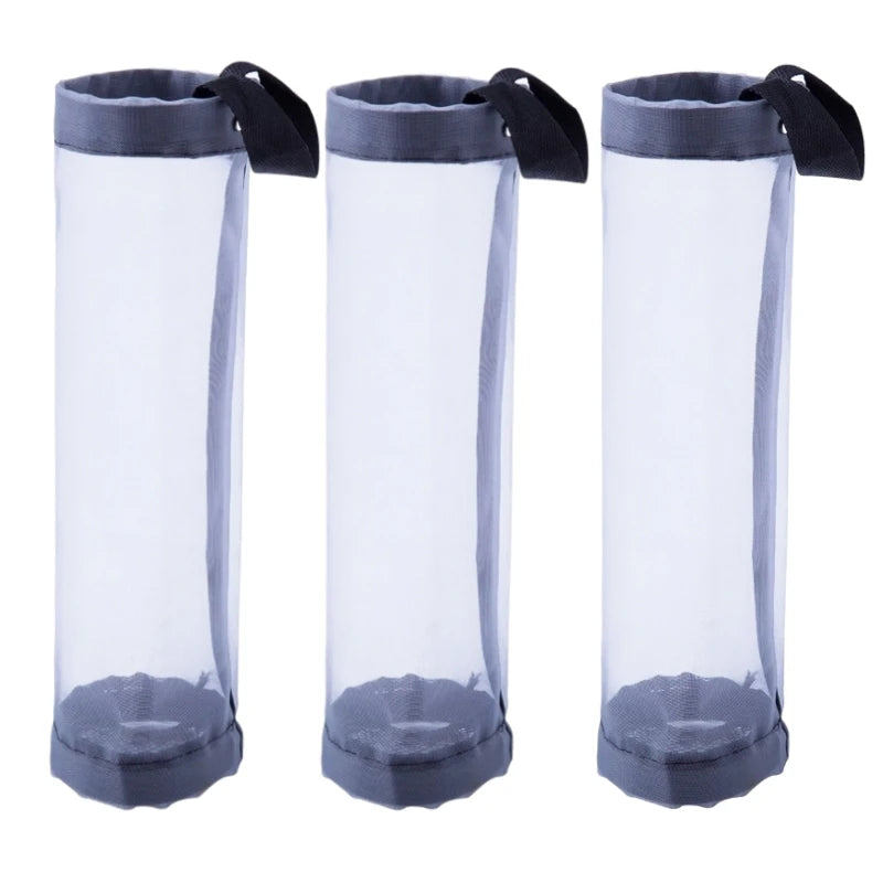 Three clear mesh hanging trash bags with black loops for kitchen and bathroom organization