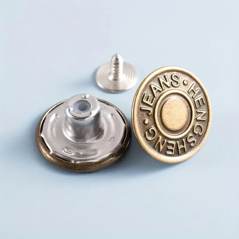 A set of adjustable no-sew metal denim buttons, including a button and a screw.