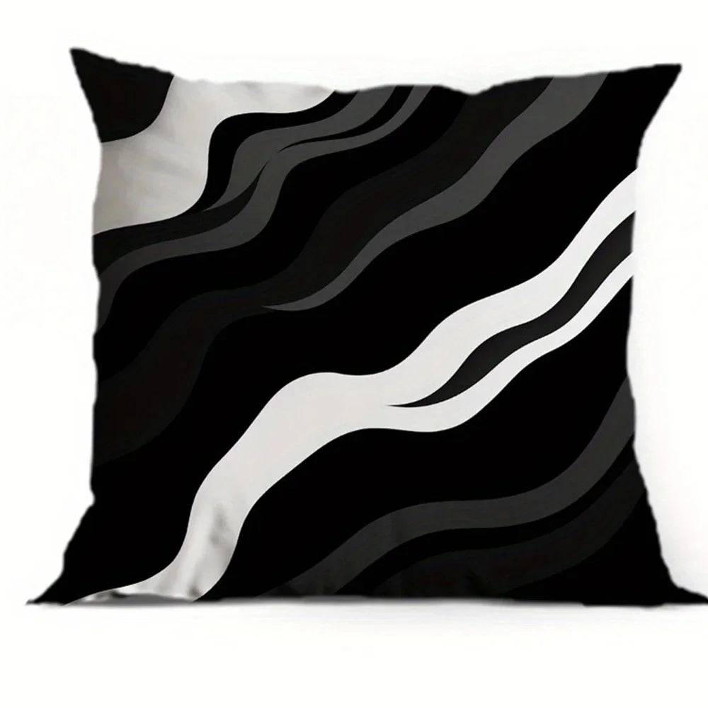A decorative pillowcase featuring a black and white wavy geometric pattern.