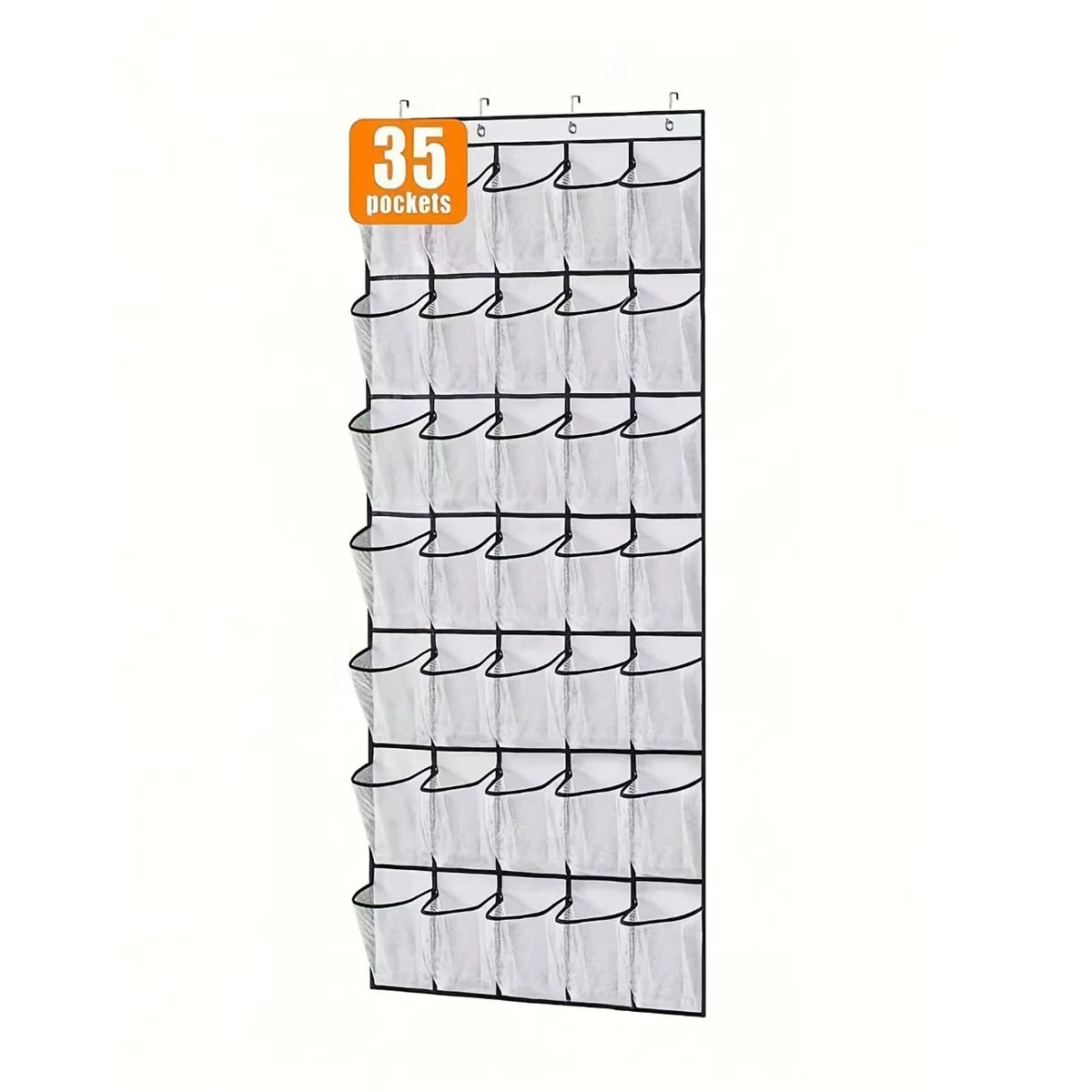 A vertical white over-the-door shoe organizer with 35 pockets.