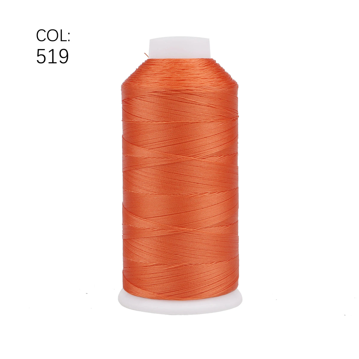 A spool of bright orange heavy duty nylon sewing thread with a white core.