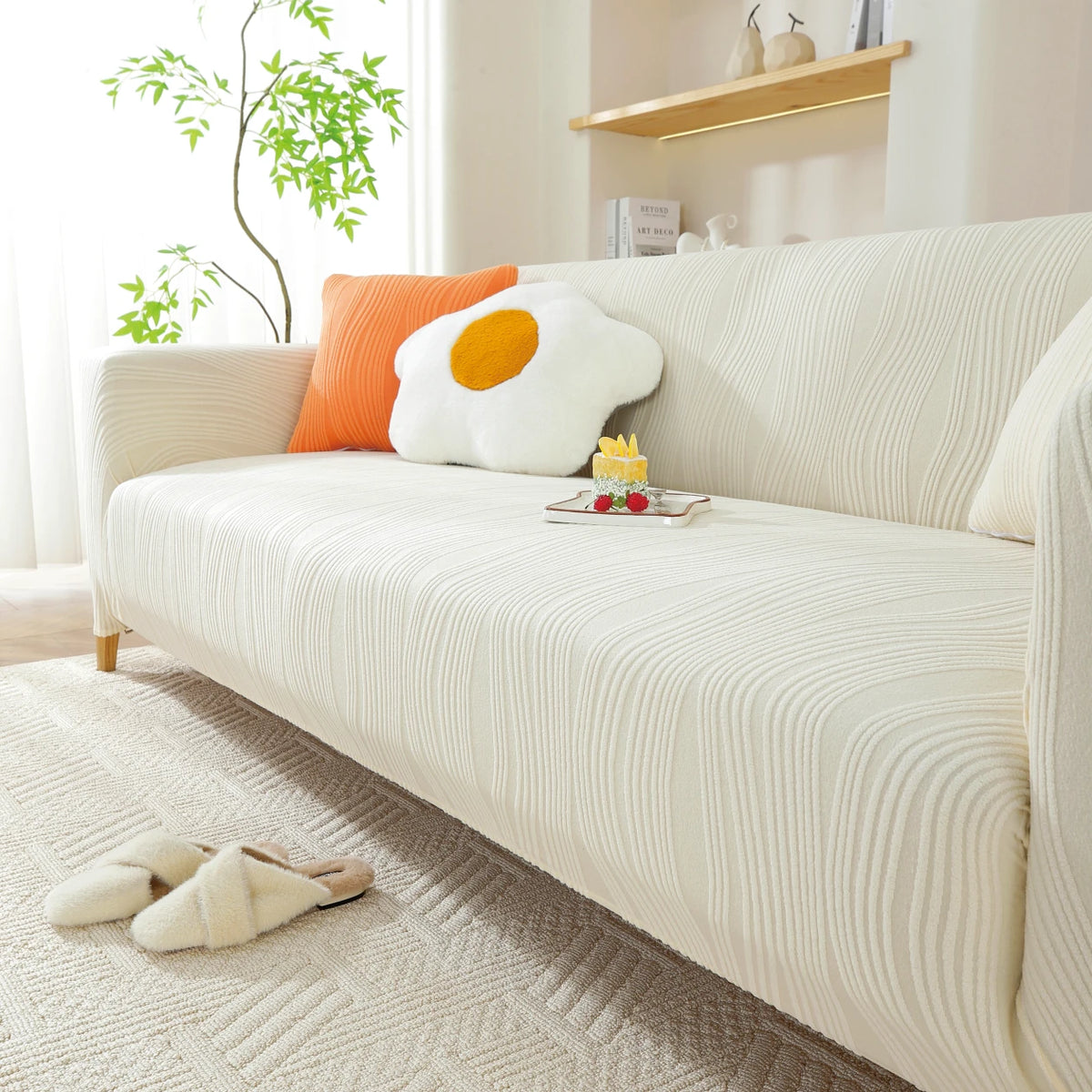A cream-colored stretchable sofa cover with a vertical line pattern, featuring an orange pillow and a white bear decoration.