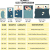 A comparison chart showing various sizes of blanket throws including baby, x-size, throw, twin, and queen sizes with correspo