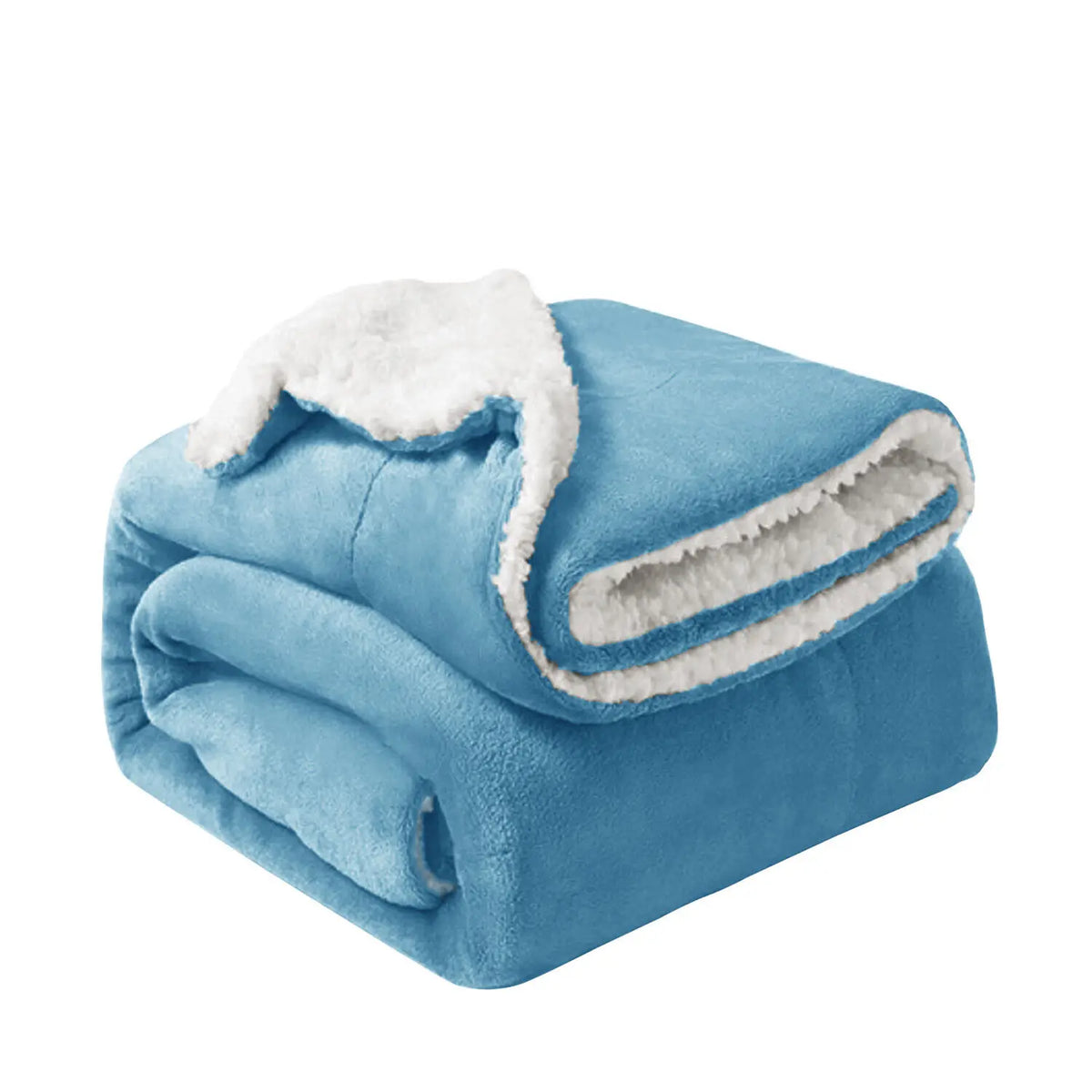 A folded light blue sherpa fleece blanket with white trim is shown.