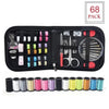 A black sewing and embroidery kit with 68 pieces of various needles, threads, and tools organized in a case.