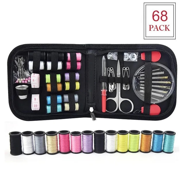 A black sewing and embroidery kit with 68 pieces of various needles, threads, and tools organized in a case.