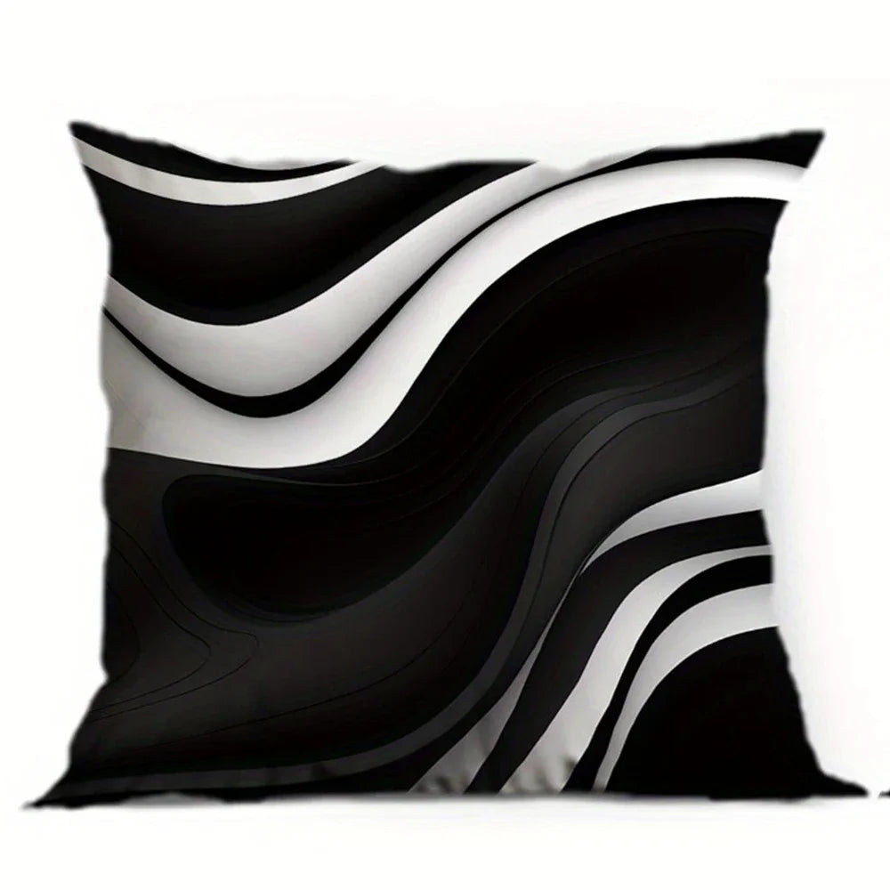 A decorative pillowcase featuring a wavy black and white geometric pattern.