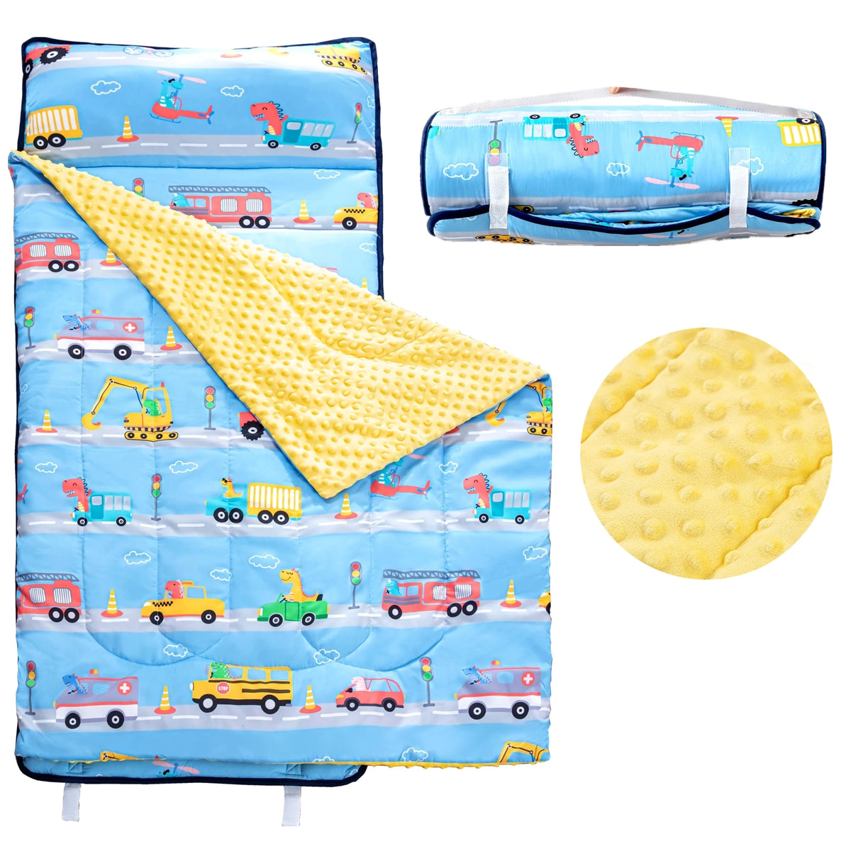 Toddler nap mat set featuring a blue padded mat, pillow, blanket, and yellow mat.