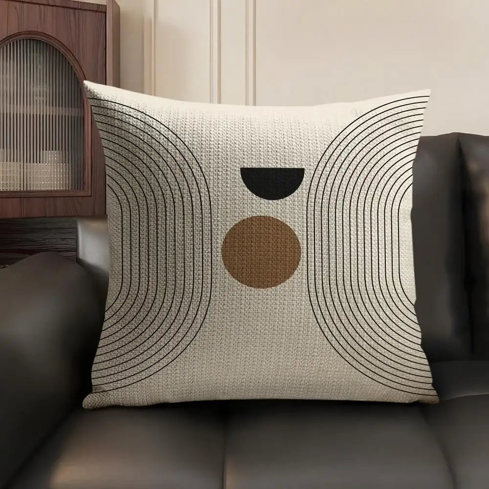 A square cushion cover with a beige background featuring black and tan concentric geometric lines.