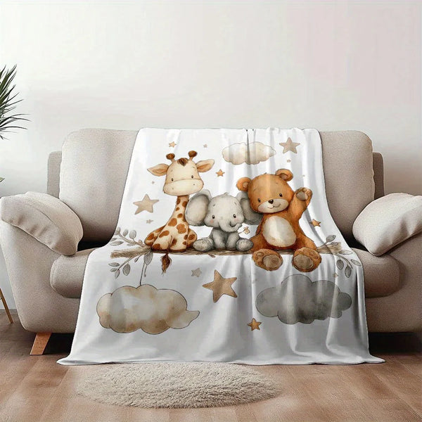 A white flannel blanket featuring cute cartoon animals like a giraffe and a bear sitting on clouds.