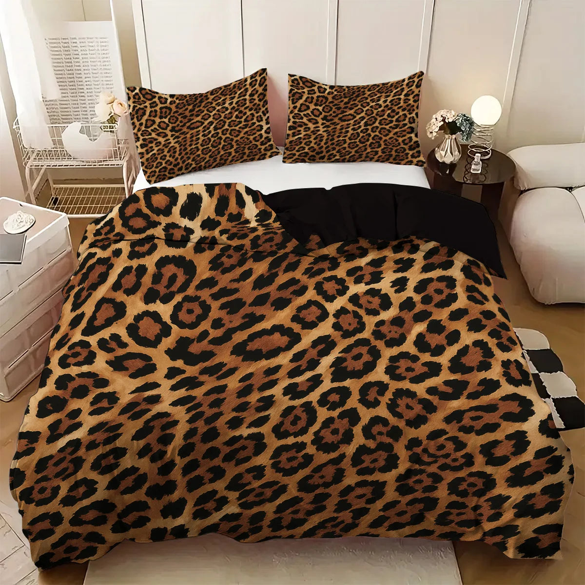 A leopard print duvet cover set featuring a brown and black animal print on white bedding.