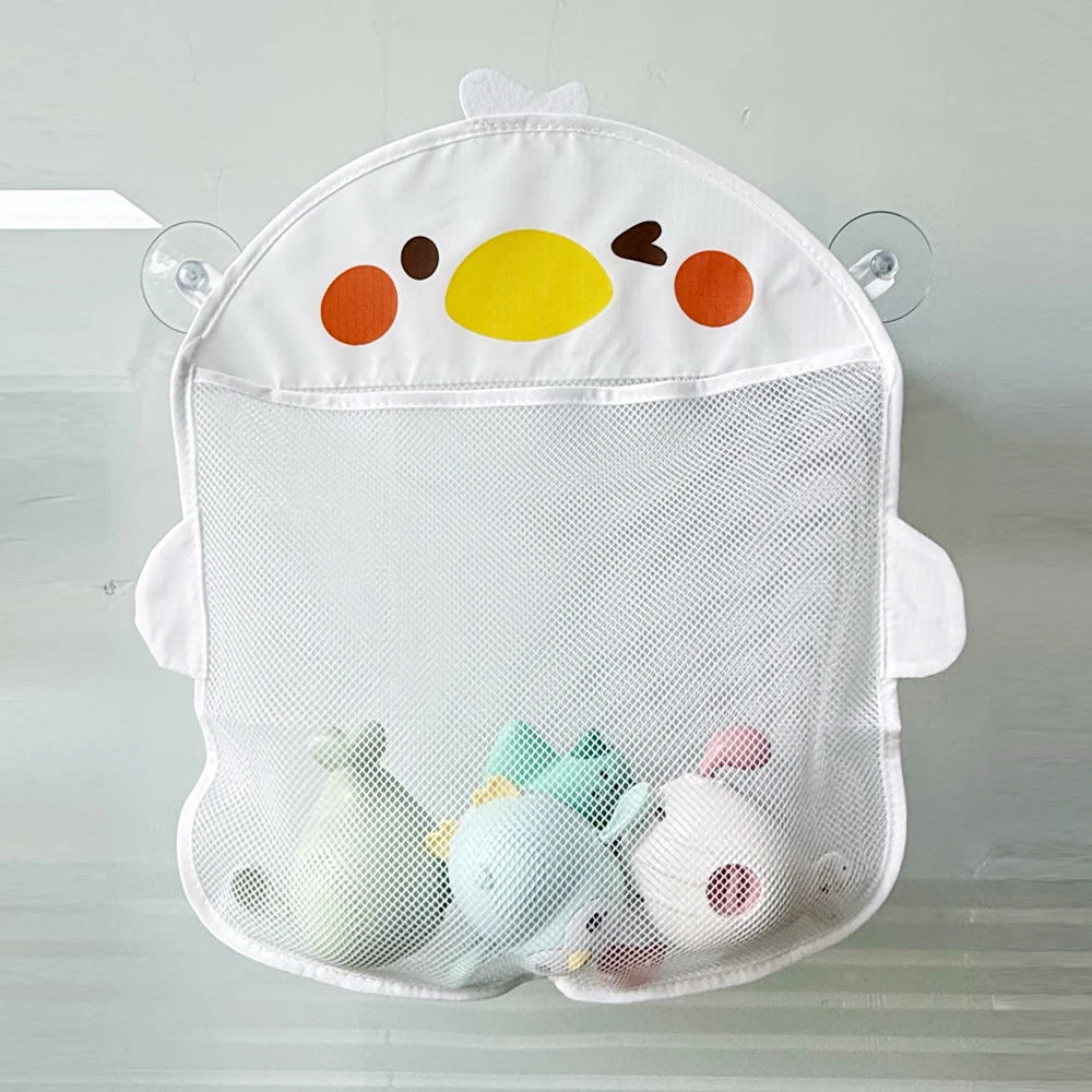 A white organizer bag for bath toys featuring a yellow duck face design and a mesh net pocket.
