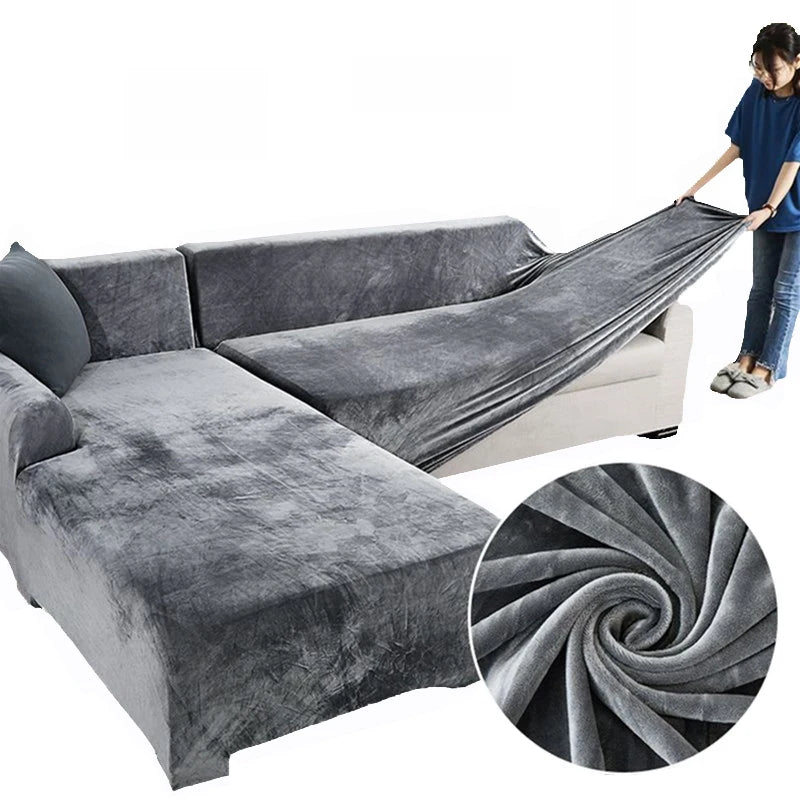 Gray velvet sofa cover for an L-shaped sectional sofa with a matching throw blanket.