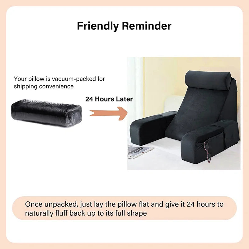 A black ergonomic back support pillow with armrests is shown, illustrating the process of fluffing it up after shipping.