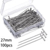 A clear plastic box containing 100 stainless steel T-pins for knitting blocking and sewing.