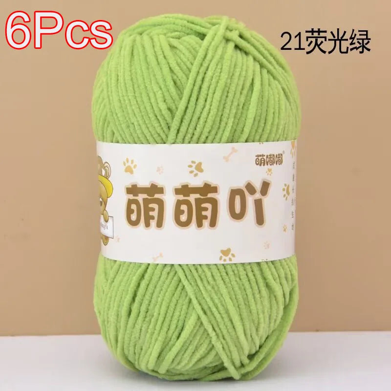 A ball of 6 pieces of bright lime green chenille yarn labeled as 21 light silk yarn.