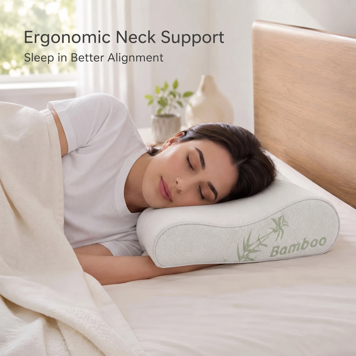 A woman sleeping comfortably on a beige pillow with a green bamboo cover for ergonomic neck support.
