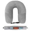 A gray fillable U-shaped travel neck pillow shown in its unfolded and compressed forms.