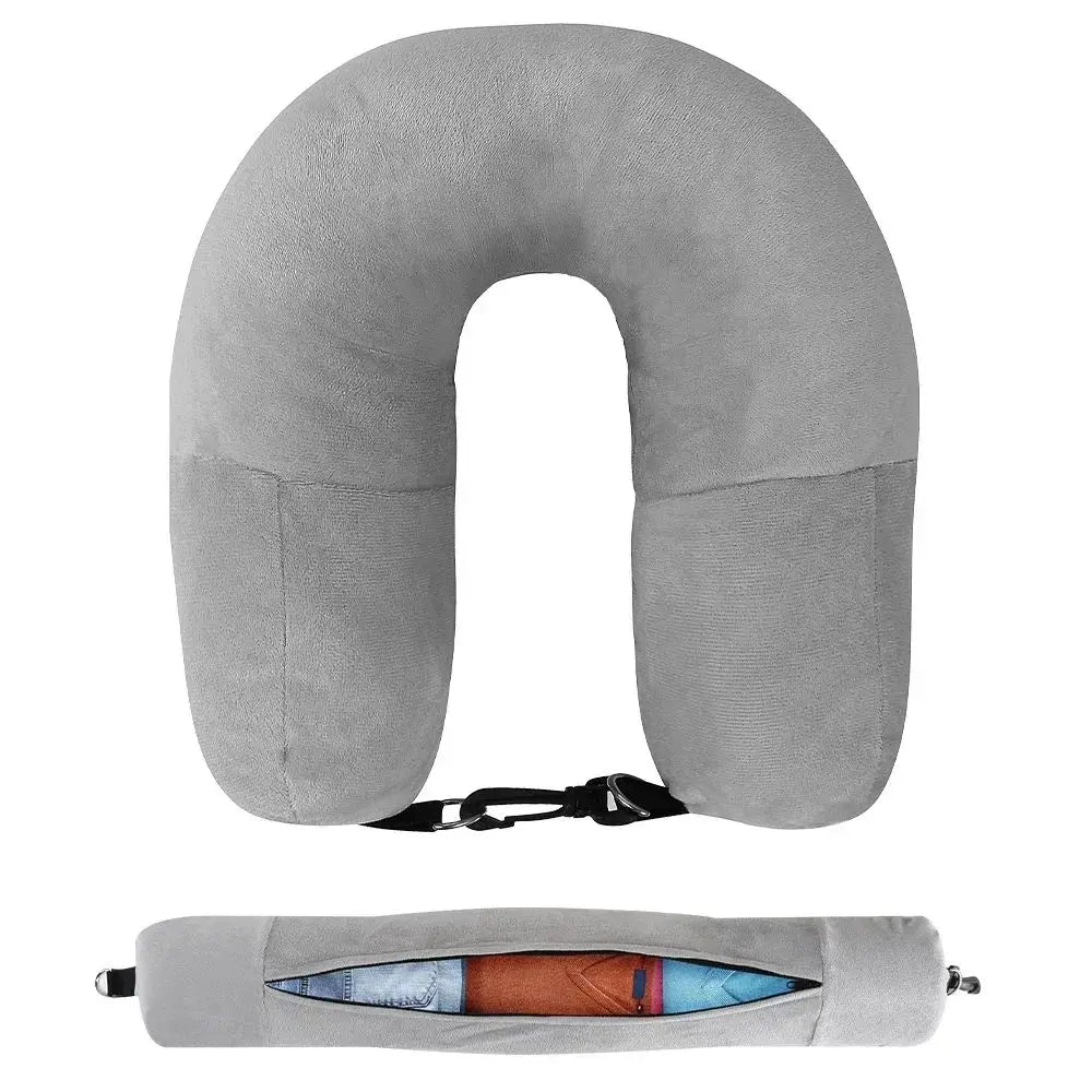 A gray fillable U-shaped travel neck pillow shown in its unfolded and compressed forms.