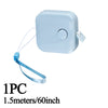 Light blue retractable double-sided measurement tape with a clip and lanyard
