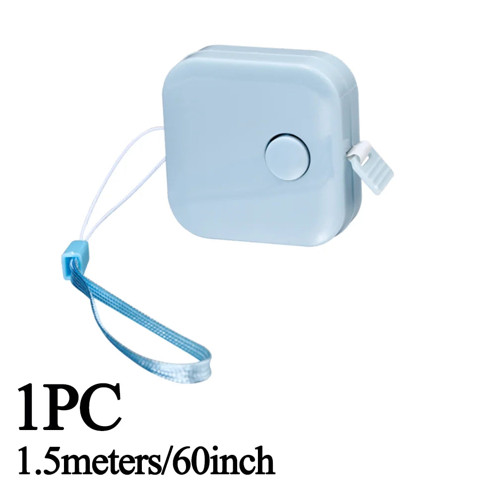 Light blue retractable double-sided measurement tape with a clip and lanyard