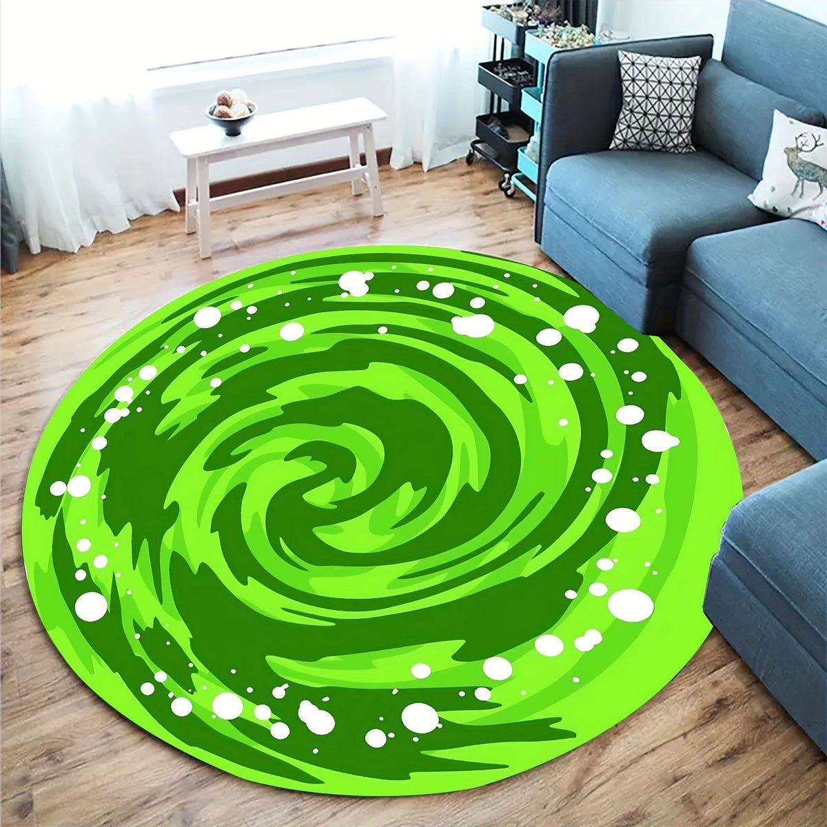 A vibrant green swirl round area rug placed on a wooden floor next to a gray sofa.