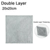 A square gray double layer scouring dish cloth measuring 20x20cm with a close-up showing the thickness.
