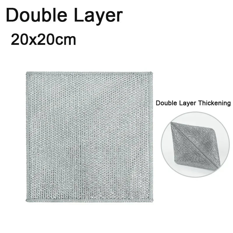 A square gray double layer scouring dish cloth measuring 20x20cm with a close-up showing the thickness.