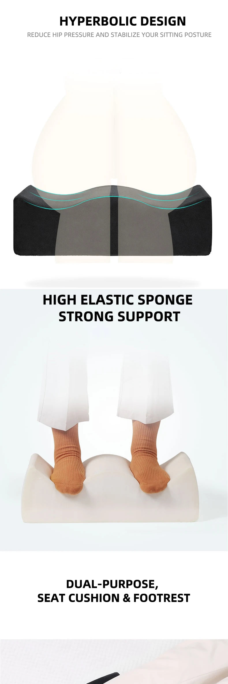 A white ergonomic seat cushion with a curved design and orange fabric footrests shown for hip support.