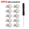 A set of ten metal jeans button repair kits with screwdrivers shown in various sizes.