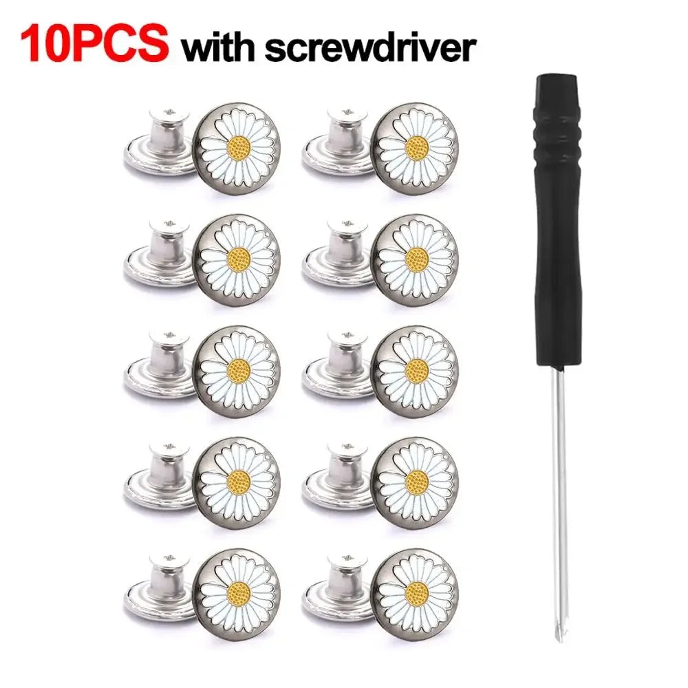 A set of ten metal jeans button repair kits with screwdrivers shown in various sizes.