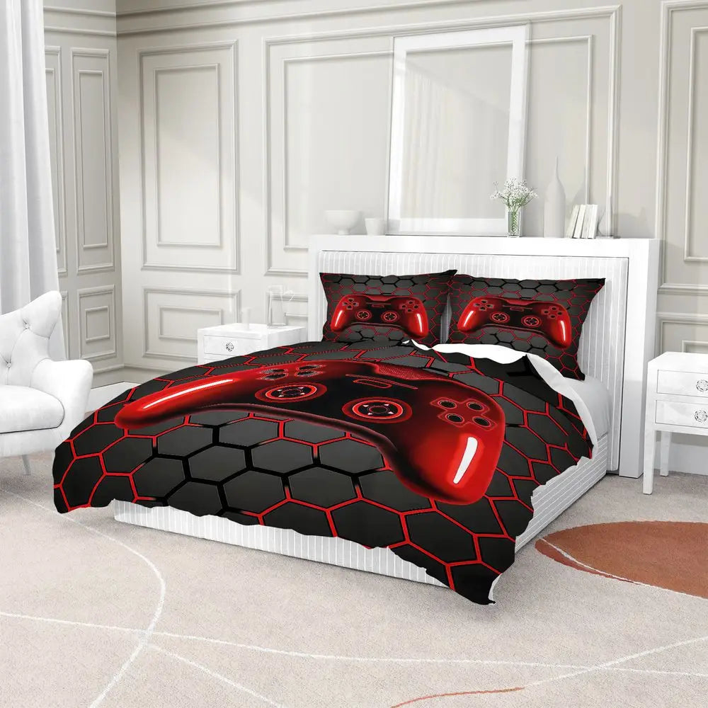 A red neon hexagon controller themed duvet cover set with black and red patterned pillows on a bed.