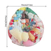 A transparent inflatable storage bag filled with various plush toys and stuffed animals.
