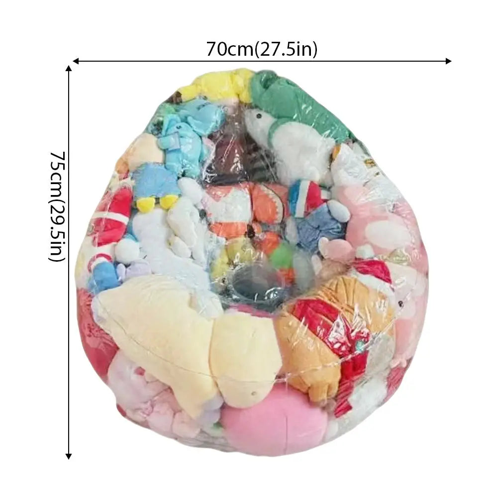 A transparent inflatable storage bag filled with various plush toys and stuffed animals.