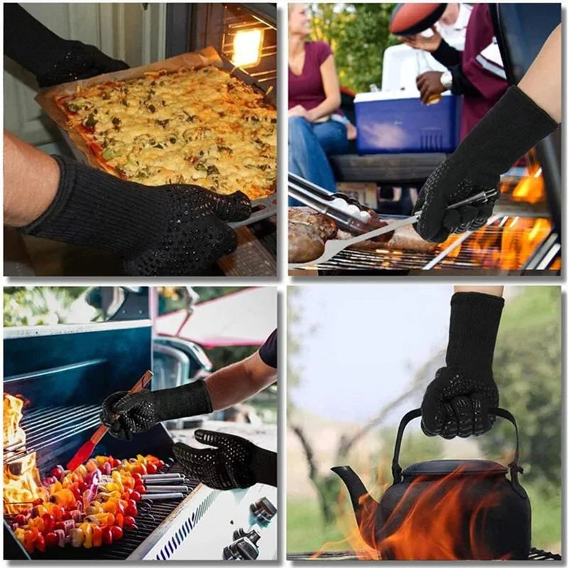A person wearing black heat resistant BBQ gloves is grilling food on a metal grate.
