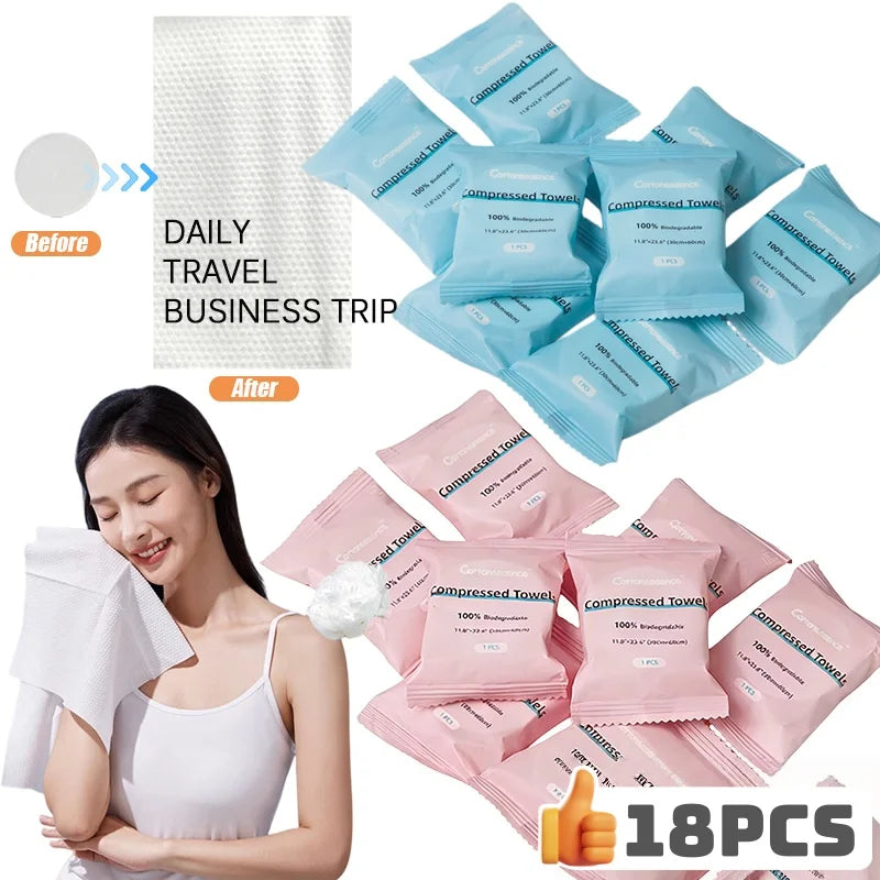 A set of 18 disposable compressed fiber face towels in various shades of blue and pink are shown alongside a woman using one.