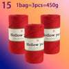Three red skeins of Hollow yarn are displayed, with text indicating 1 bag equals 3 pieces and a total weight of 450g.