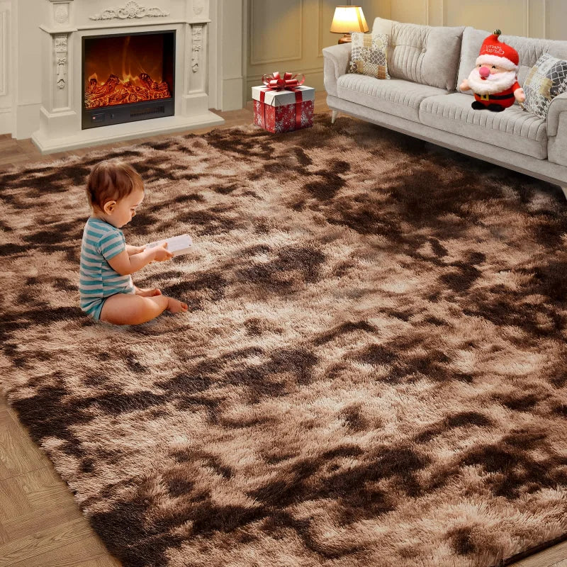A fluffy brown shag rug in a living room with a fireplace, sofa, and Christmas decorations.