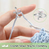 A hand is shown using a crochet tension ring on a knitting needle, with an inset showing the finished ring.