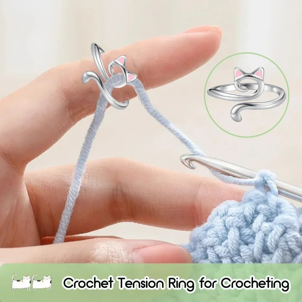 A hand is shown using a crochet tension ring on a knitting needle, with an inset showing the finished ring.